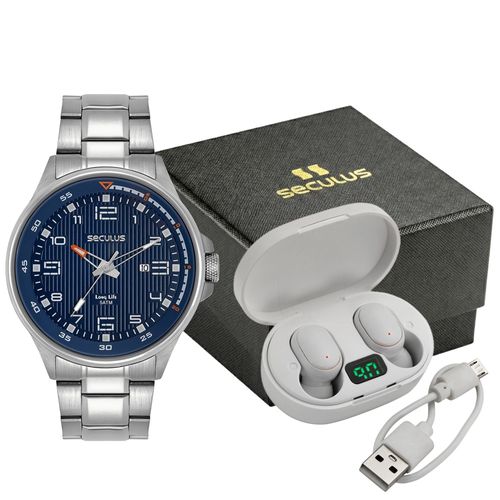 Kit Relógio Masculino Prata Aço Fone Bluetooth