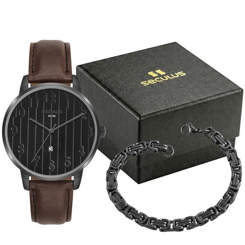 Kit Relógio Masculino Preto com Couro e Pulseira em Aço