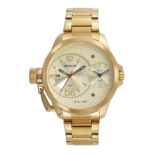 Relógio Masculino Aço Dual Time Dourado