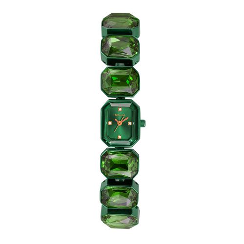 Relógio Feminino Verde Retangular Pulseira Pedras Facetadas