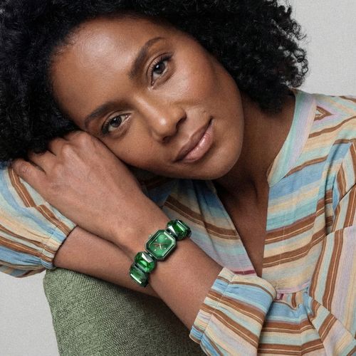Relógio Feminino Verde Retangular Pulseira Pedras Facetadas