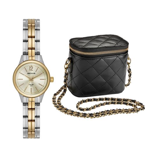 Relógio Feminino Clássico Bicolor com Bolsa