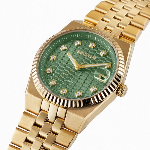 Relógio Feminino Analógico Aço Dourado e Verde