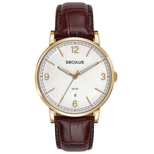 Relógio Masculino Slim Com Couro Dourado